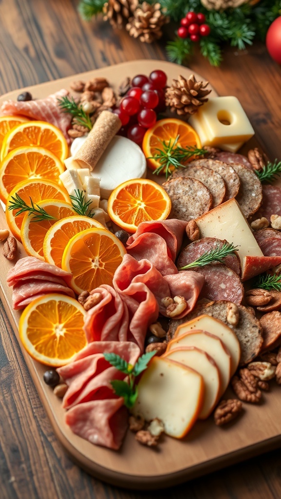 A colorful charcuterie board with orange slices, meats, cheeses, nuts, and garnishes for Christmas.